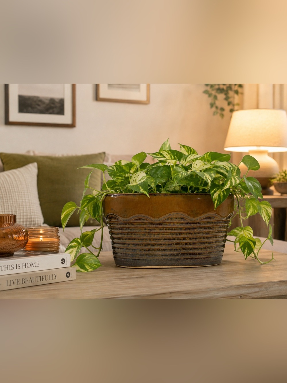 Brown Ceramic Oval Planter with Drainage Hole | Speckled Brown Pottery Plant Pot